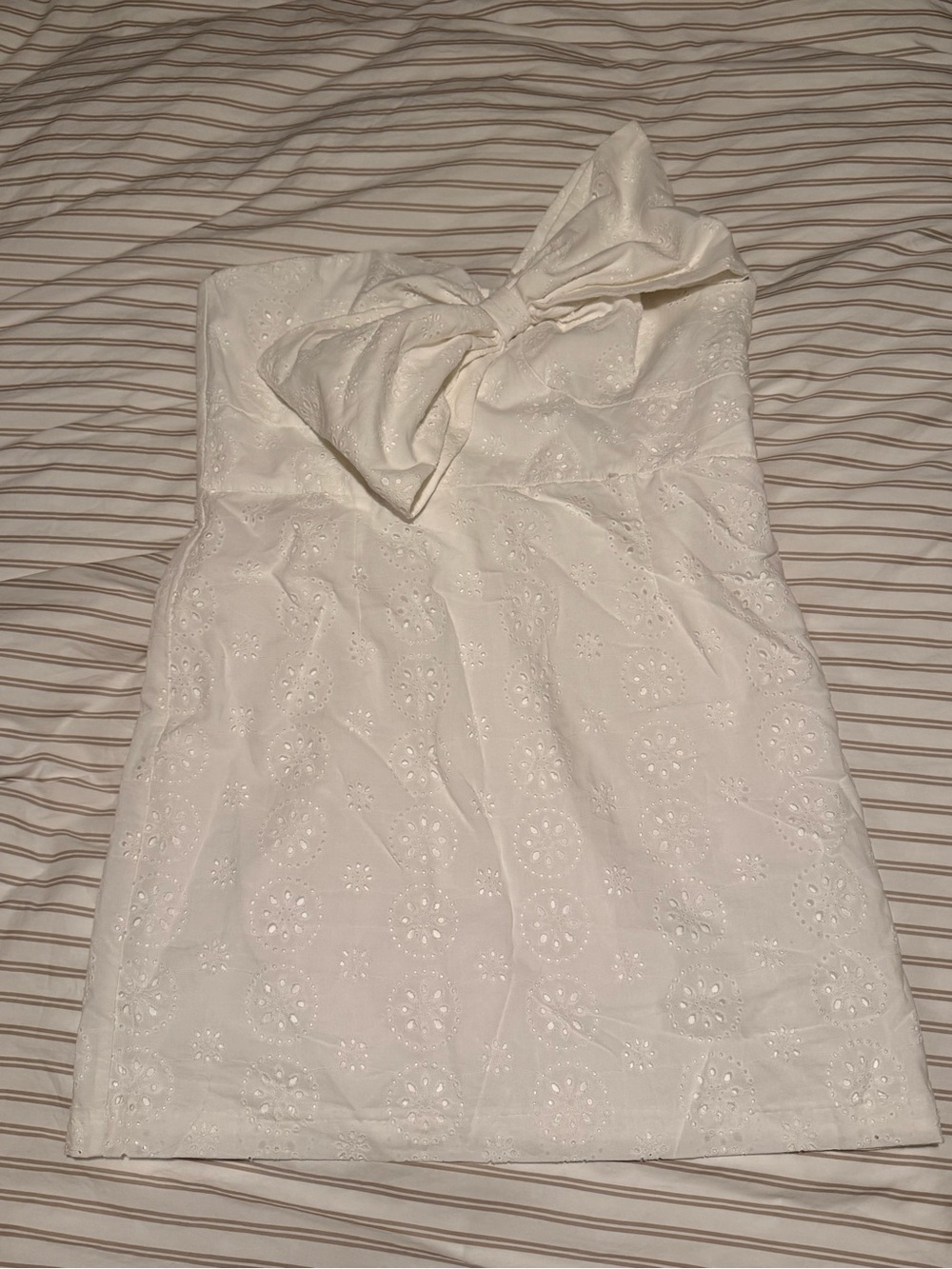 One-Shoulder White Eyelet Mini Dress with Bow